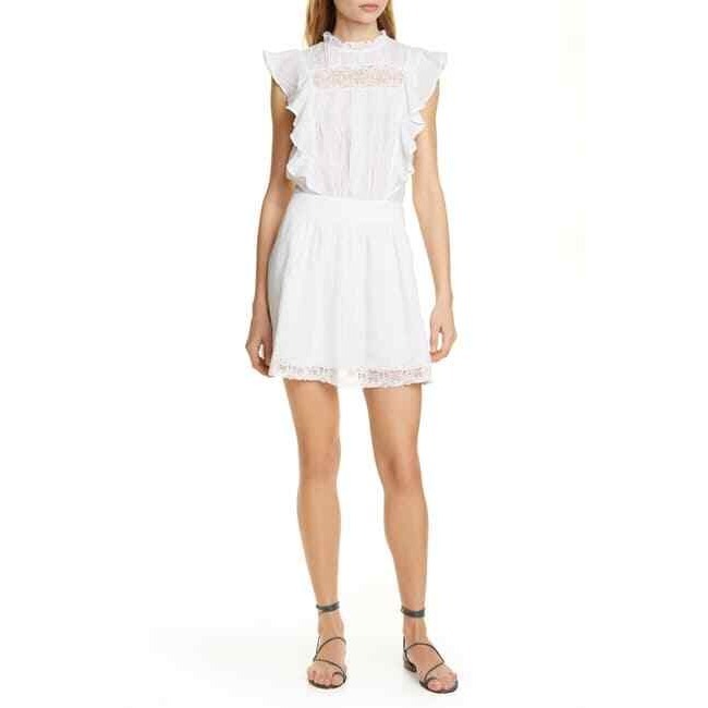 New Frame Lace Pintuck Short Mini Dress With Ruffles Ramie White Boho Festival S